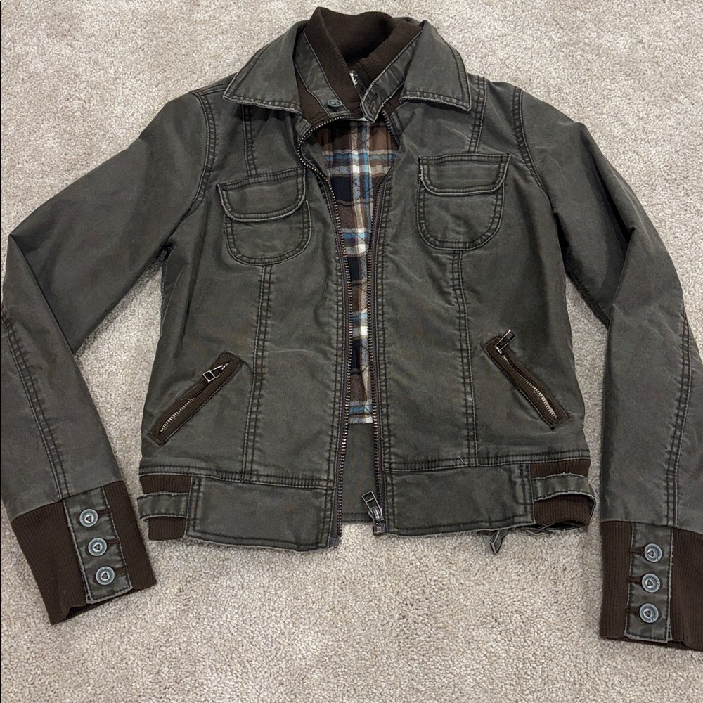 Free People heavy cotton drill  black plaid quilted lined zip up bomber XS